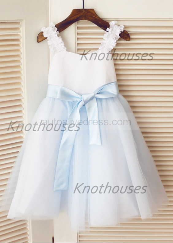 Ivory Satin Sky Blue Tulle Ruffle Straps Flower Girl Dress 